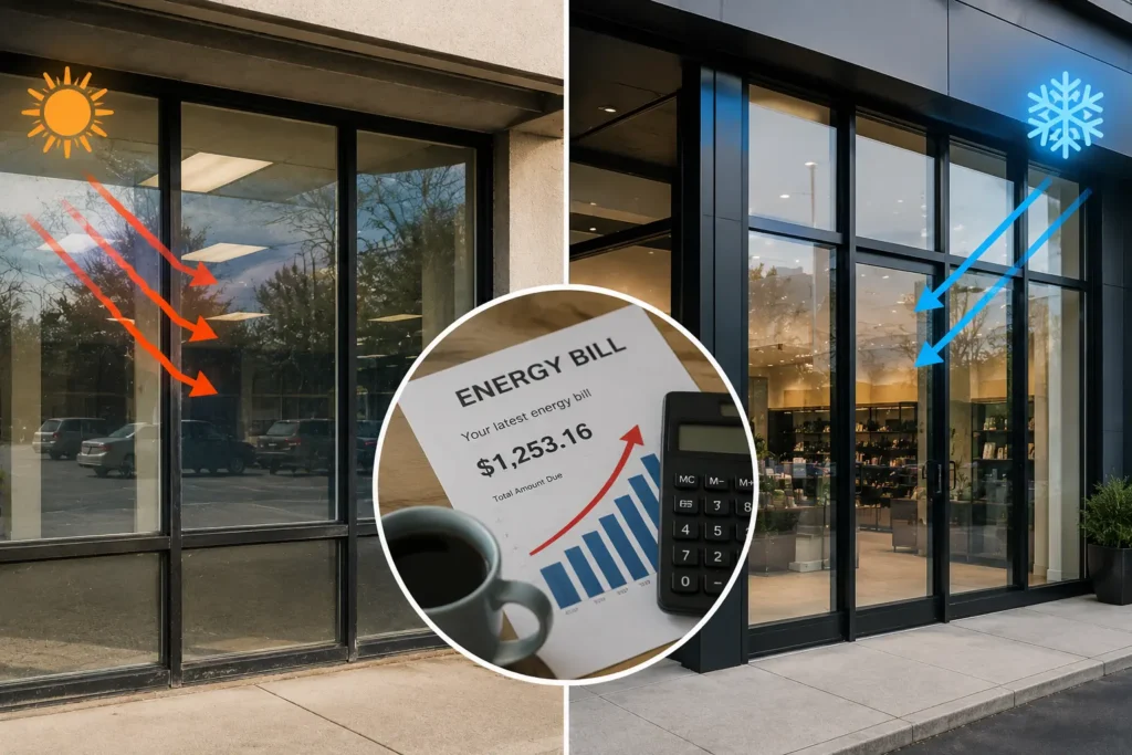 Energy efficient storefront glass upgrade reducing commercial heating and cooling costs