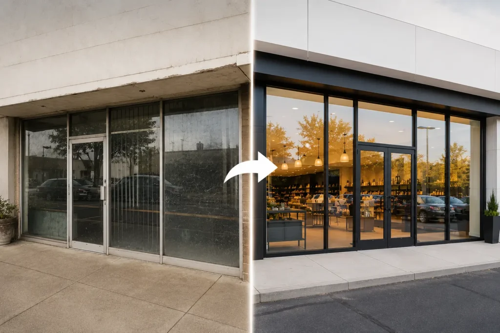 Modern storefront glass replacement improving retail business appearance