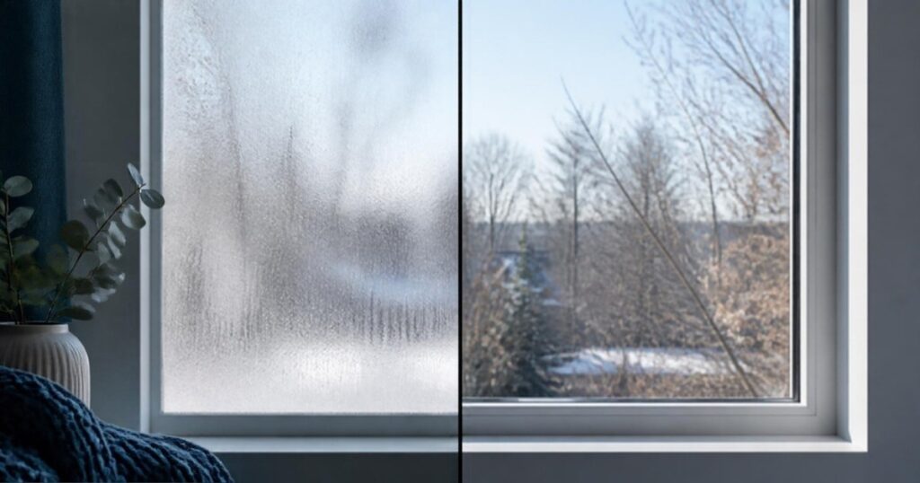Foggy double pane window with condensation between the panes beside clear replacement glass